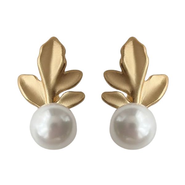 Elegant Leaf Design Pearl Drop Earrings featuring gold-toned leaf motifs with a single white pearl drop, perfect as a jewelry gift from Knotty and Board for stylish decor lovers.