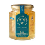 Savannah Bee Co., Raw Honeycomb, Hex Jar, 12 oz. shown with golden natural honeycomb inside a hexagonal glass jar, ideal for kitchen gifts and entertaining with Knotty and Board decor. 1