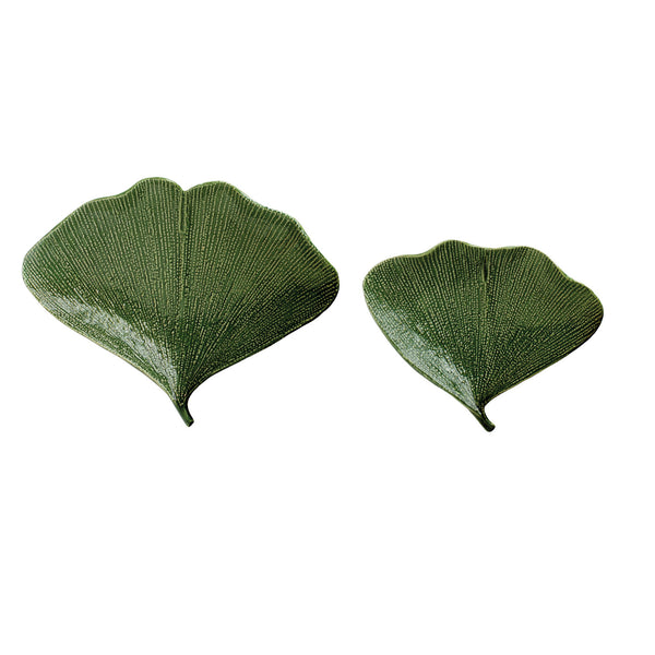 Gingko Leaf Shaped Plate, Set of 2, 7"x 6" & 5"x 3", decorative green ceramic plates perfect for kitchen, dining, or gifting, available from Knotty and Board.