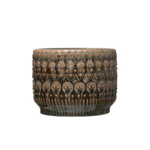 Embossed Stoneware Planter, 8 X 6 in. in dark stoneware with intricate raised patterns, perfect for adding rustic decor charm to any kitchen or living space from Knotty and Board.