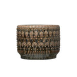 Embossed Stoneware Planter, 8 X 6 in. in dark stoneware with intricate raised patterns, perfect for adding rustic decor charm to any kitchen or living space from Knotty and Board. 1