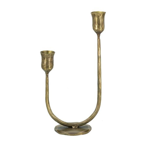 2-Light Iron Taper Candle Holder, 6.3 X 3.5 X 11.5 in. with rustic brass finish, perfect for dining or kitchen decor, offered by Knotty and Board, every room needs a little Knotty and Board.