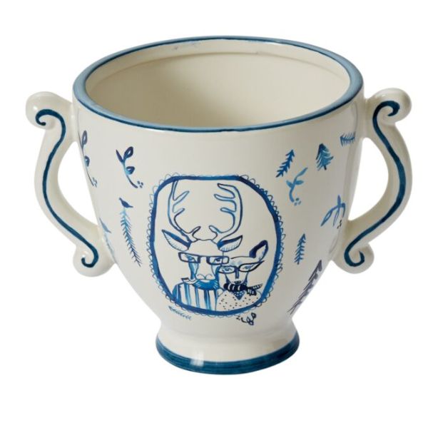 E&E Portrait Pot, Frankie and Margie, 7.75 X 6 X 6, ceramic planter with whimsical blue deer portraits and decorative foliage, perfect for unique home decor from Knotty and Board.