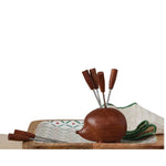Wood Hedgehog Shaed Holder with (6) Appetizer Picks displayed on a decorative plate with napkins, perfect for kitchen entertaining and unique decor from Knotty and Board. 2
