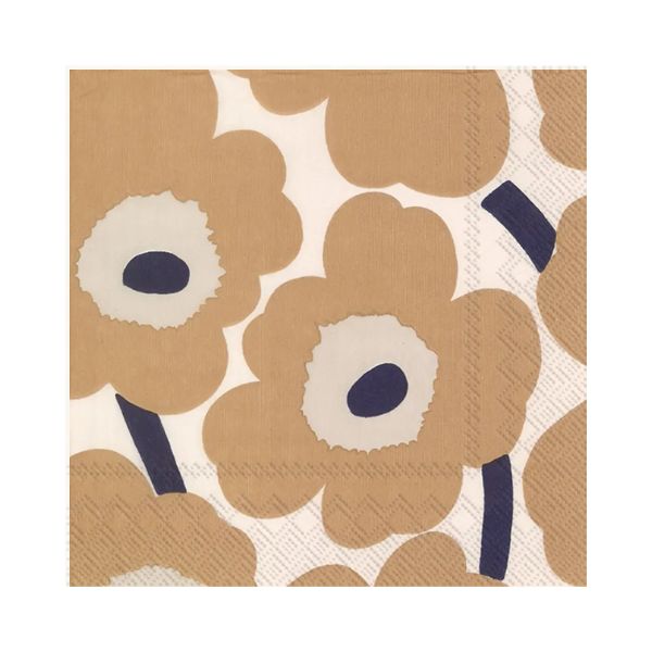 Cocktail Napkin, 20 Ct, Marimekko Unikko Linen featuring a bold tan and navy floral pattern, perfect for adding stylish decor and entertaining flair from Knotty and Board.