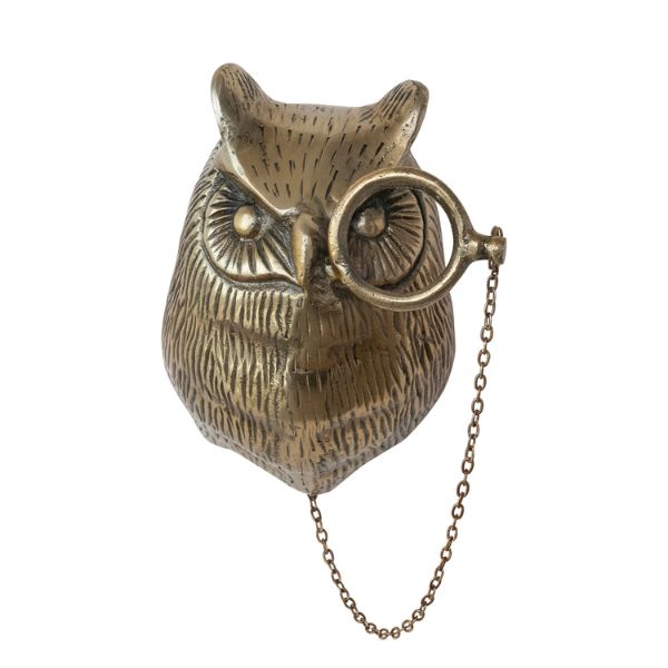 Brass Wall Mount, Owl Head with Monocle, 5.5 X 5.5 X 7.5"