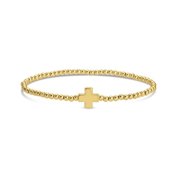 Stretch Bead & Single Cross Bracelet, 3mm, Gold