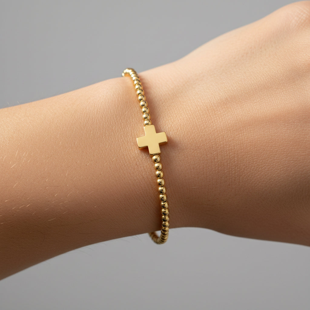 Stretch Bead & Single Cross Bracelet, 3mm, Gold