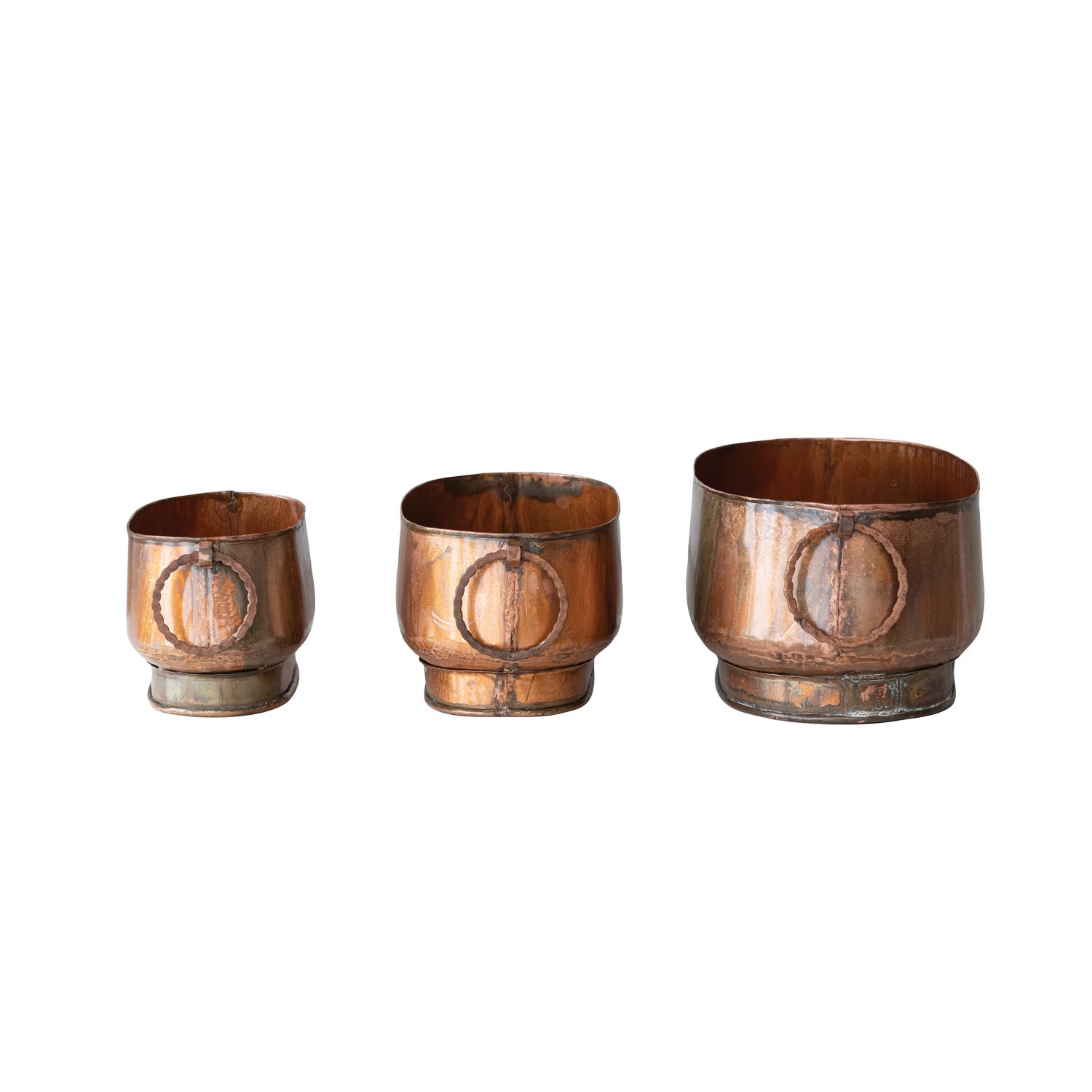 Three rustic metal planters with large rings in varying sizes, showcasing a vintage copper finish, ideal for home decor and gifts from Knotty and Board, Every Room Needs A Little Knotty and Board.