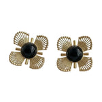 Vintage Floral Design Black Gold Earrings featuring intricate gold petals with a bold black center, perfect jewelry gifts from Knotty and Board for stylish decor and entertaining. 1