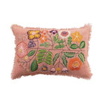 Cotton Lumbar Pillow w/ Embroidered Flowers & Eyelash Fringe, 24 X 16