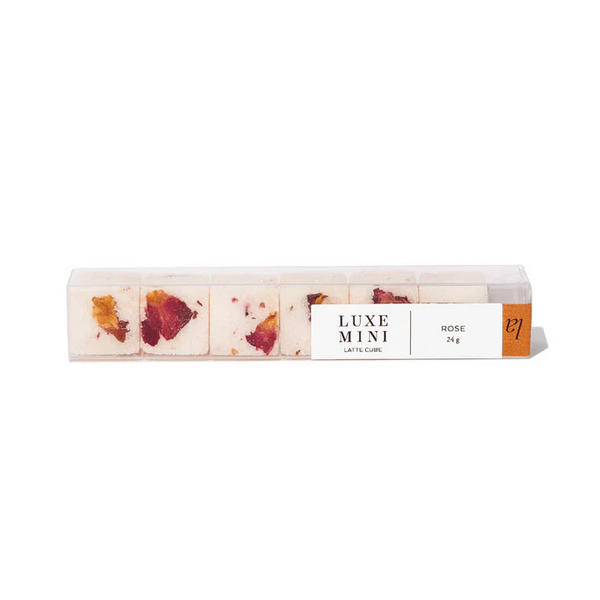 Teaspressa Luxe Mini Barista Cubes, Rose displayed in clear packaging with delicate rose petals, perfect for adding a floral touch to kitchen decor and gifts.