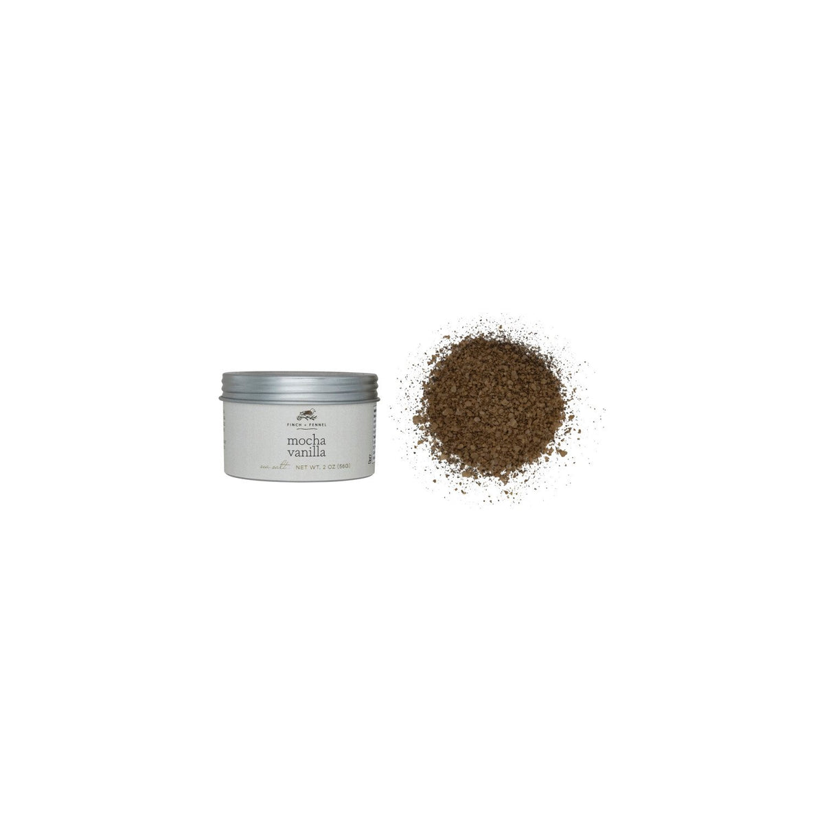 Mocha Vanilla Sea Salt, 2 oz in a small container next to a pile of coarse brown sea salt, perfect for kitchen decor and gifts from Knotty and Board.