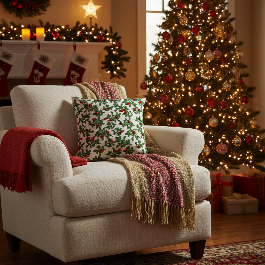 Embroidered Mistletoe Pattern Pillow, 16