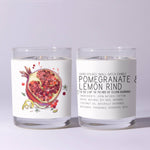 Just Bee Pomegranate & Lemon Rind Candle - 7 oz in clear glass with artistic pomegranate illustration and modern label, ideal for kitchen or dining decor and gifts. 3