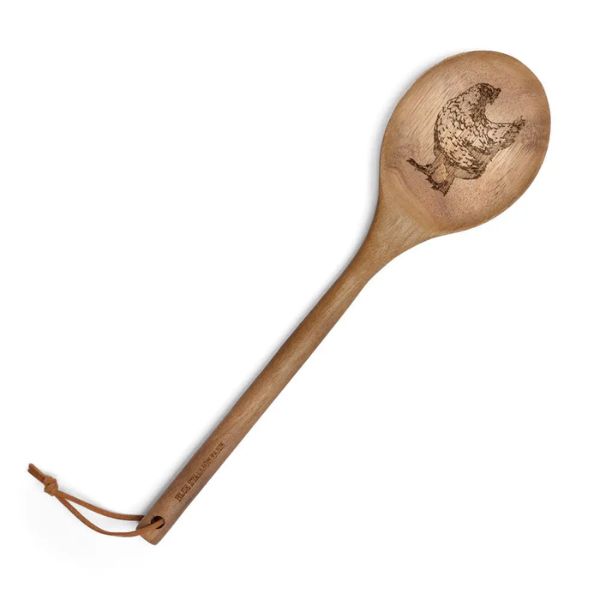 Acacia Wood Spoon, Gertrude with engraved chicken design, perfect for kitchen decor or entertaining, available from Knotty and Board, Every Room Needs A Little Knotty and Board.