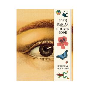 John Derian Sticker Book featuring vintage style illustrations including a detailed eye, colorful flowers, a blue butterfly, and a green fish, perfect for decor and gifts from Knotty and Board.