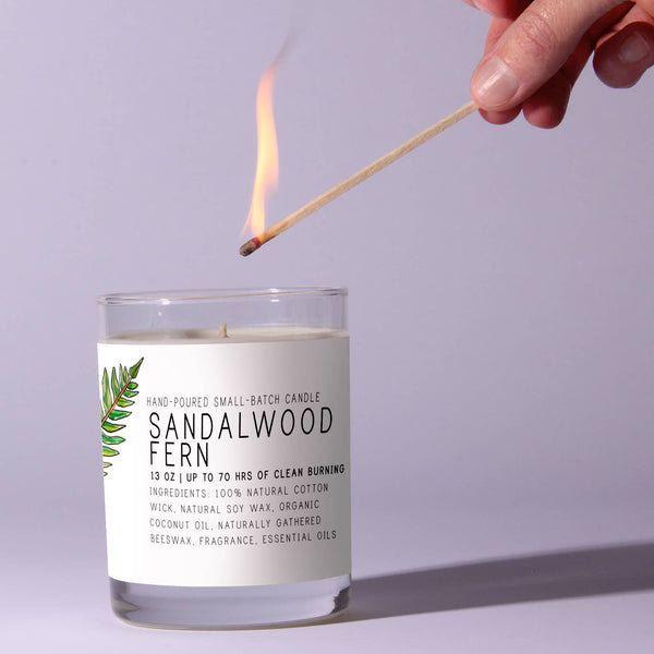 Hand lighting a Just Bee Sandalwood Fern Candle, 7 oz. with a long match, showcasing a minimalist glass candle with fern decor and natural scent, perfect for home gifts and decor.