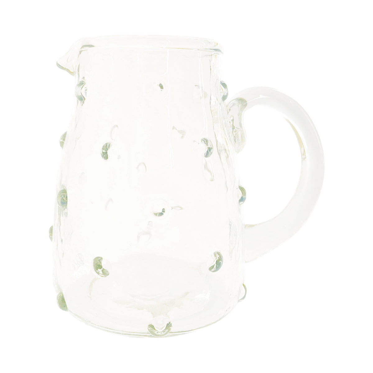 Clear glass creamer with hobnail texture and rounded handle, perfect for kitchen or dining decor, featuring the Recycled Glass Hobnail Creamer, 8 oz from Knotty and Board.
