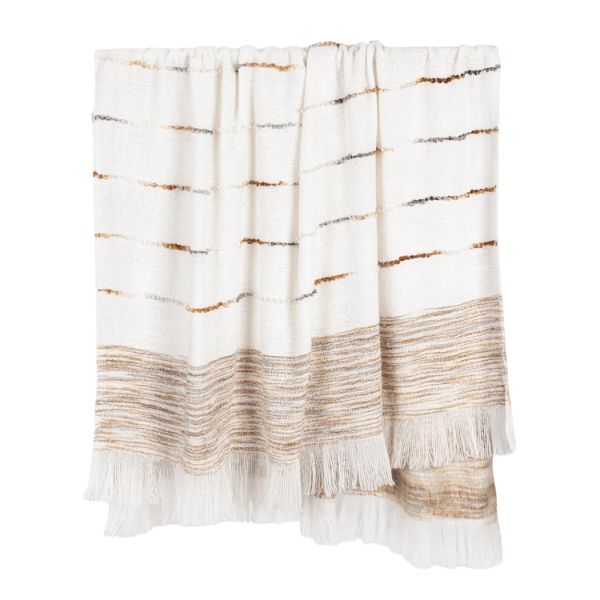 Albedo Throw, Ivory and Rust, 50 X 70 in. displayed with soft ivory fabric featuring rust-colored stripes and fringe edges, perfect for cozy home decor and thoughtful gifts.