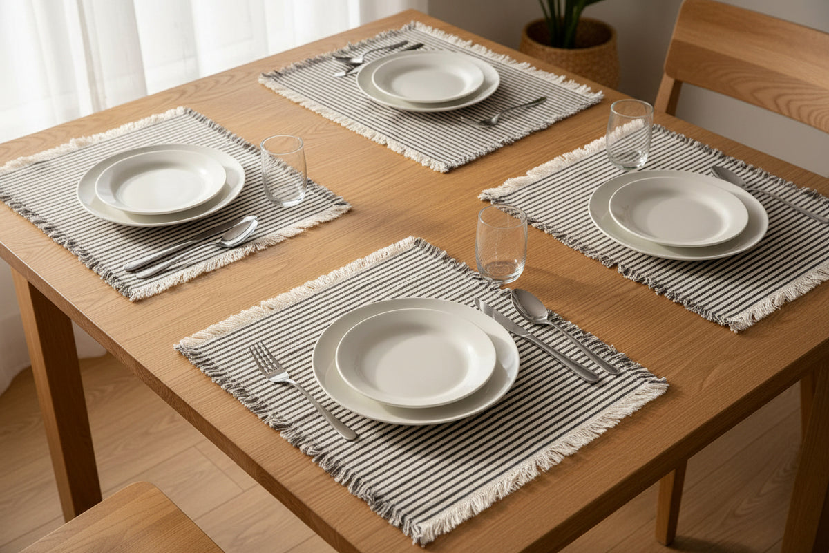 Ticking Fringe Placemats, Black, Set of Four