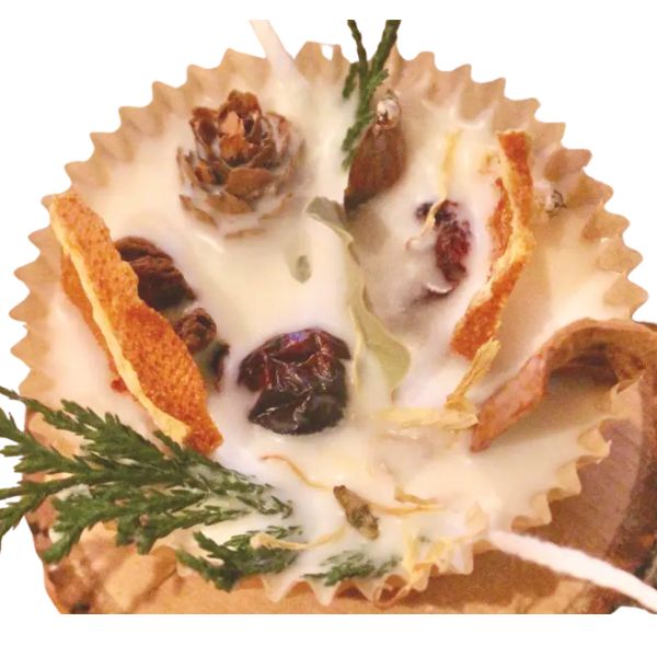 Natural Fire Starter, Orange & Clove with dried orange peel, cloves, pinecones, and greenery in a rustic candle-style design for cozy kitchen or dining decor by Knotty and Board.