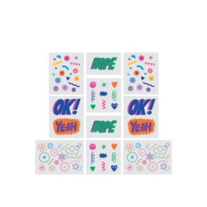 Set of 10 Tiny Things Tattoo Tin, Set of 10 featuring colorful temporary tattoos with fun words and floral designs, perfect gifts for playful decor and entertaining moments.