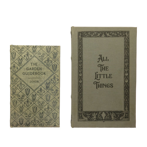 All the Little Things" Book Storage Box Set, 10"x 7" designed to resemble vintage books in neutral tones, perfect for unique decor and thoughtful gifts from Knotty and Board.
