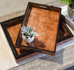 Burl Wood Grain Tray Small with rich natural wood grain and black edges, styled with a small succulent, perfect for kitchen or dining decor from Knotty and Board. Every Room Needs A Little Knotty and Board. 1