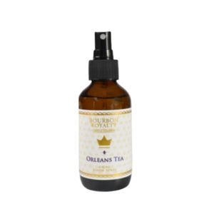 Bourbon Royalty, Orleans Tea, Room Spray in amber bottle with black spray top, elegant label featuring gold accents, perfect for home decor and gifts from Knotty and Board.