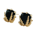 Close-up of Geometric Black Gold Drop Earrings featuring black stones set in textured gold prong settings, perfect jewelry gifts for stylish decor lovers. 1