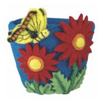 Felt Pot: Cosmos featuring bright red felt flowers with yellow centers and green leaves, adorned with a yellow and black felt butterfly, ideal for cheerful home decor and gifts. 1