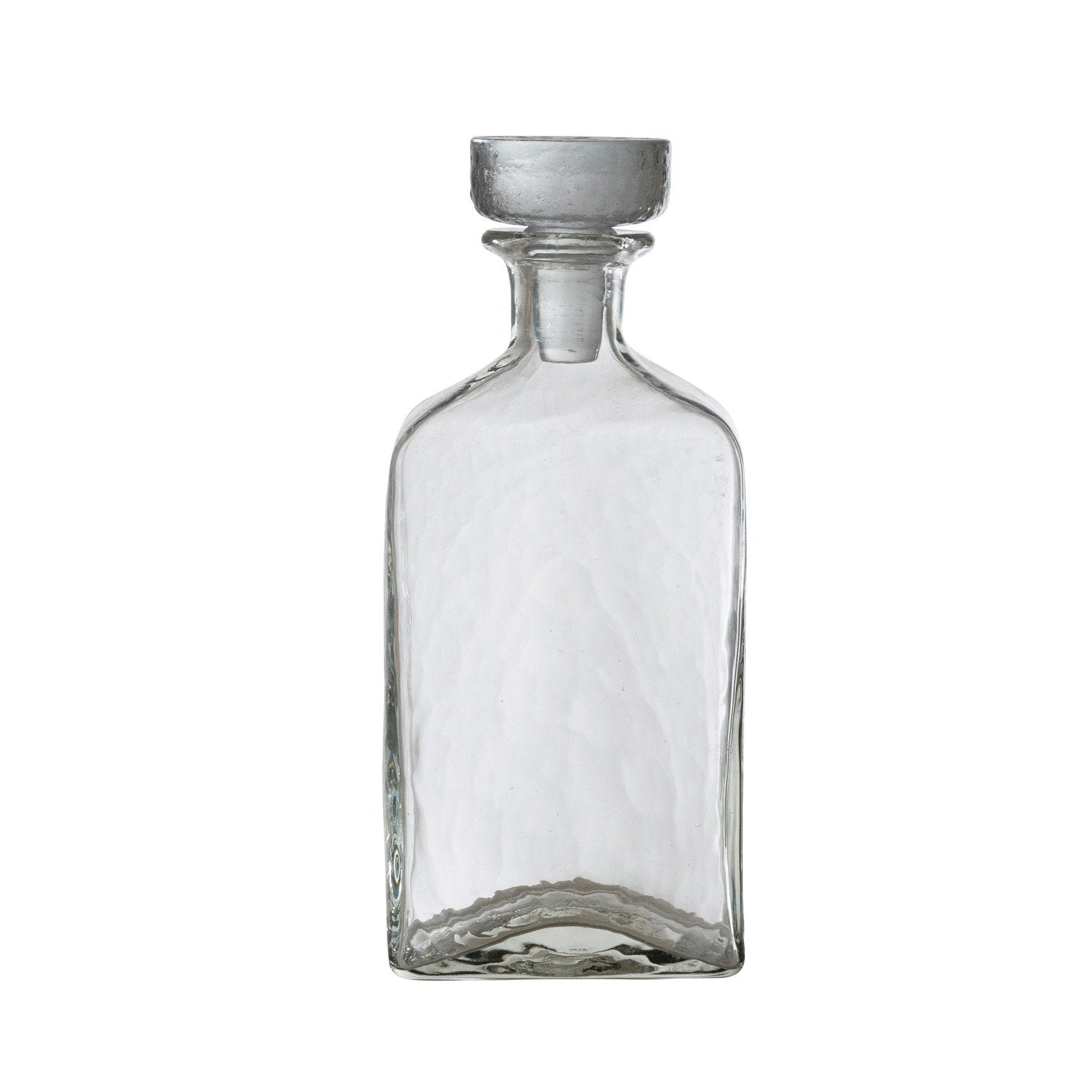 Clear Glass Decanter, 16 oz, with a textured surface and stopper, perfect for kitchen or dining decor and gifts from Knotty and Board. Every Room Needs A Little Knotty and Board.