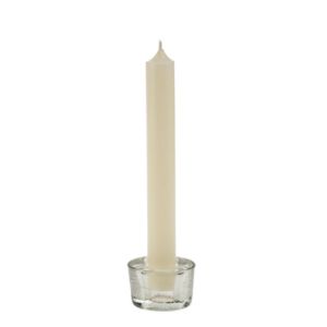 Prism Candle Holder, Small, Clear holding a white taper candle, perfect for kitchen or dining decor and gifts, ideal for Every Room Needs A Little Knotty and Board ambiance.