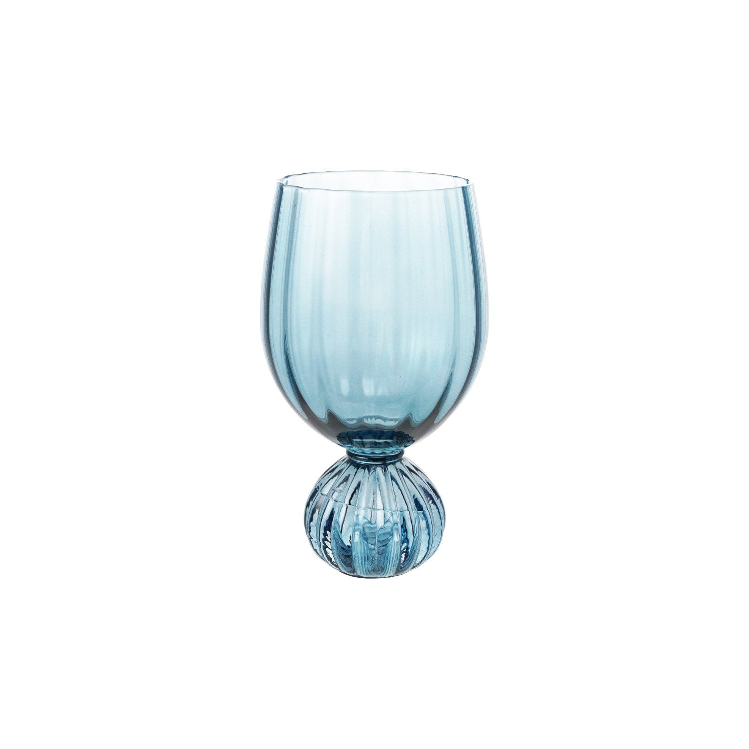 Pleated Footed Wine Glass, 14 oz in light blue glass with a unique pleated spherical foot, perfect for stylish dining and entertaining decor from Knotty and Board.