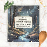 Swedish Dishcloth, Bugs Butt Inspirational Encouragement with a whimsical forest night scene and a motivational quote, styled for kitchen decor and gifting by Knotty and Board. 1