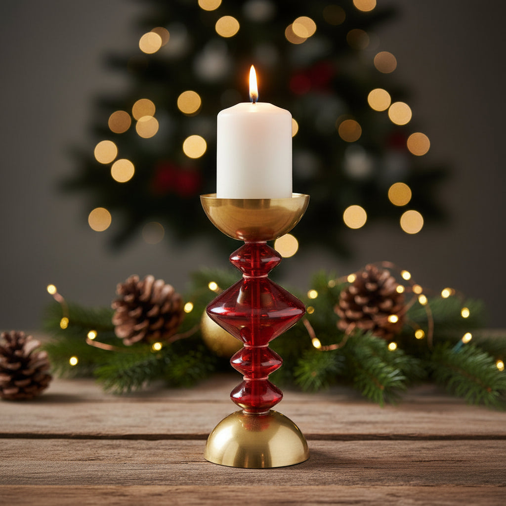 Glass & Metal Pillar Holder, Red & Antique Gold Finish, Holds 4