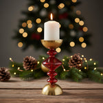Glass & Metal Pillar Holder, Red & Antique Gold Finish, Holds 4