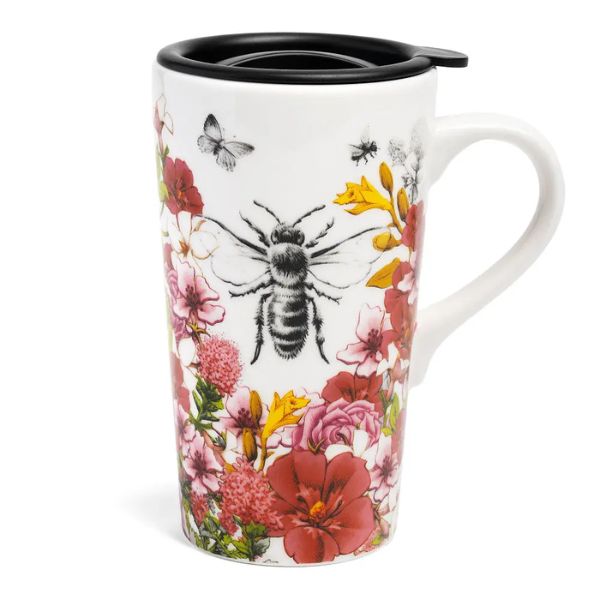 Beatrice Travel Mug with floral and bee design, featuring a black spill-resistant lid, perfect for kitchen or dining decor and gifts from Knotty and Board.