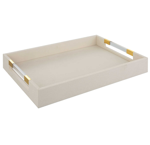 Wessex Tray, White, 19 W X 3 H X 14 D, a stylish serving tray with gold and clear acrylic handles, perfect for kitchen, dining, or entertaining decor from Knotty and Board.