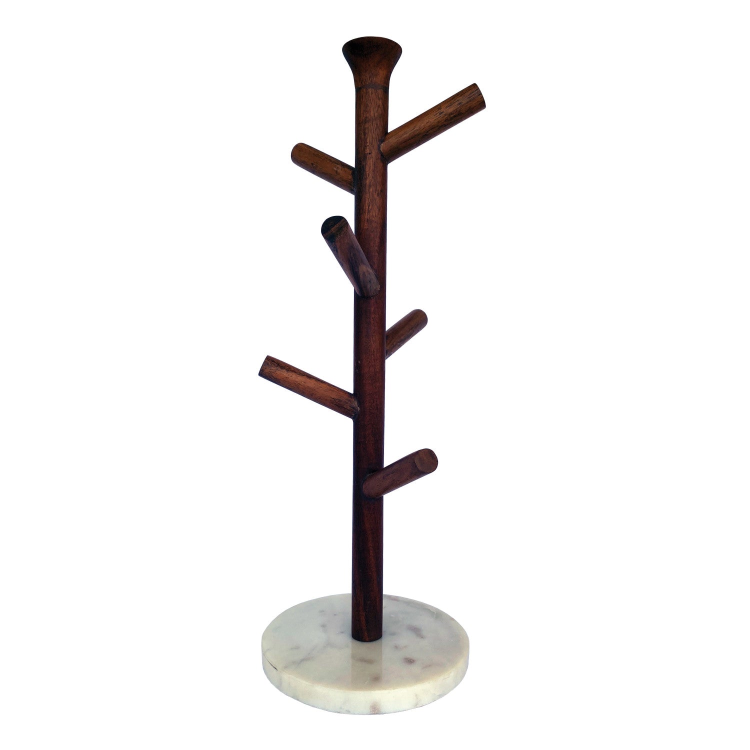 Mango Wood and Marble Mug Rack, 17 in. standing on a round white marble base with a vertical wooden post and multiple angled wooden pegs for hanging mugs, ideal for kitchen decor from Knotty and Board.
