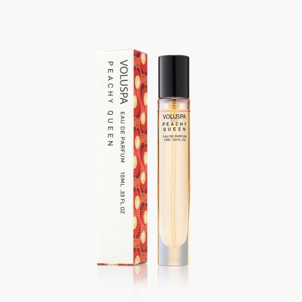 Voluspa, Eau De Parfum, 10 ml, Peachy Queen in a sleek glass bottle with a black cap next to its decorative box, perfect for gifts and decor from Knotty and Board.