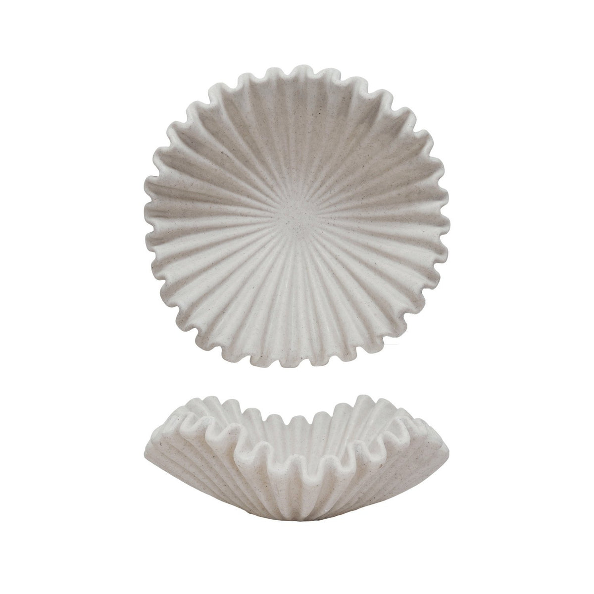 White ruffled resin bowl with a textured wavy edge design, ideal for kitchen or dining decor, featured by Knotty and Board, perfect for gifts and entertaining, Ruffled Resin Bowl, 20