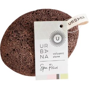 Volcanic Pumice Stone with Urban Spa Privé tag, showcasing a porous natural texture, perfect for skincare and self-care routines.