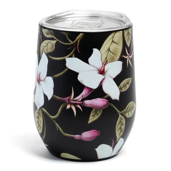 Black Jasmine Joy Wine Tumbler featuring elegant white jasmine flowers and green leaves on a black background, perfect for stylish kitchen and entertaining decor by Knotty and Board.