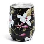 Black Jasmine Joy Wine Tumbler featuring elegant white jasmine flowers and green leaves on a black background, perfect for stylish kitchen and entertaining decor by Knotty and Board. 1