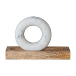 Mango Wood Mortar with Marble Ring Shaped Pestle, Natural & White, 11 in., shown with smooth marble pestle resting on a rustic mango wood base, perfect for kitchen decor and entertaining. 1