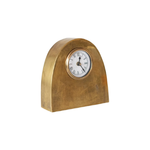 Arched Metal Mantel Clock, 7"x 7" with a gold-toned metal finish, featuring a classic round clock face with Roman numerals, perfect for elegant decor and gifts from Knotty and Board.