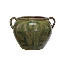 Terra-cotta Urn w/ Handles, Olive Green, 10.75 X 9.25 X 7.75