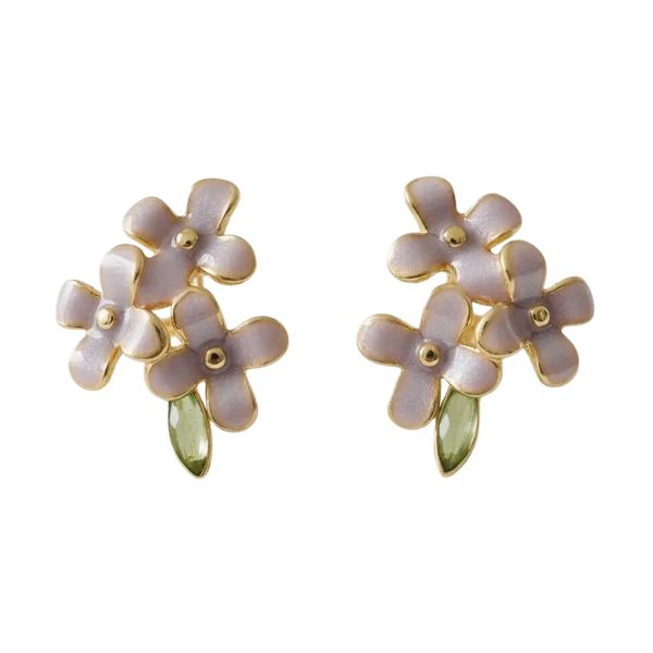 Pair of Purple Flower Enamel Stud Earrings featuring delicate lavender petals and a small green leaf accent, perfect for adding a touch of charm to any jewelry collection by Knotty and Board. Every Room Needs A Little Knotty and Board.